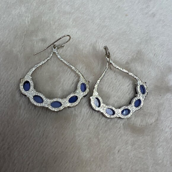 Dark Blue Dangle Earrings Silver Tone Hook Teardrop Oblong - Picture 5 of 5